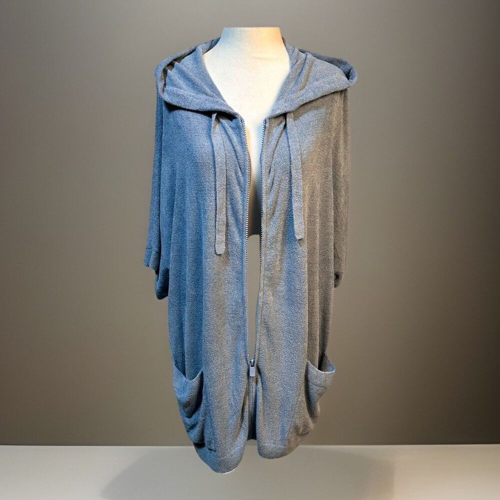 Barefoot Dreams Blue Zippered Hoodie Coverup Robe CozyChic shrt sleeve Size L/XL
